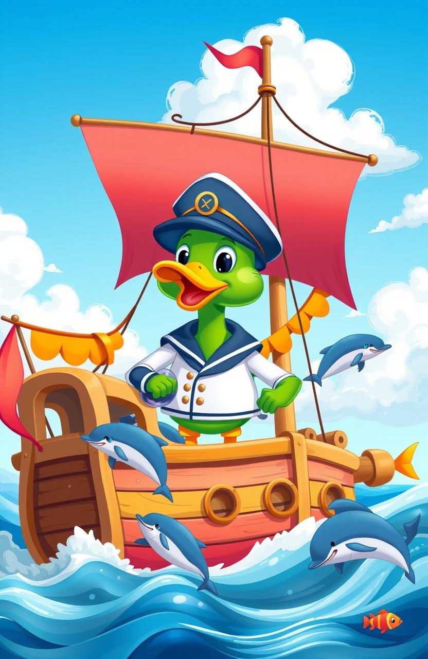 A charming children's story illustration featuring a brave green duck captain, dressed in a classic sailor uniform with a hat, standing proudly on a colorful wooden ship