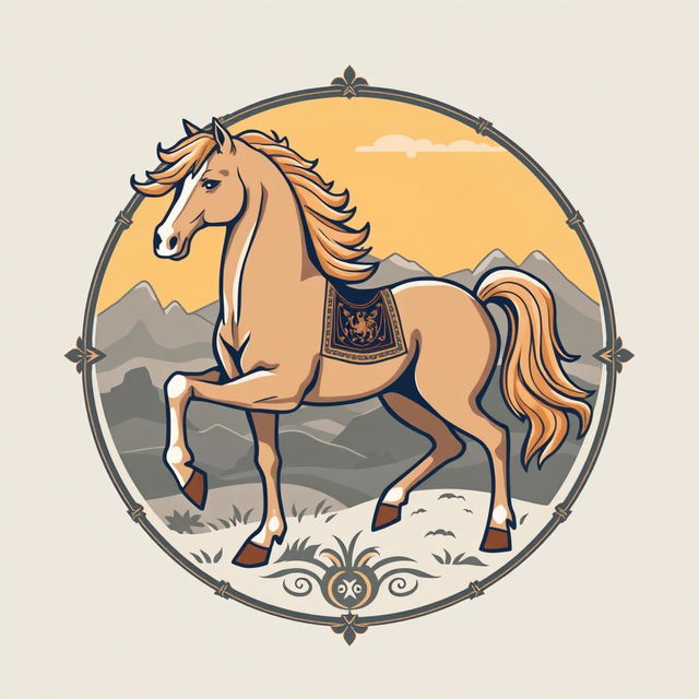 A medieval emblem showcasing a Mongolian horse, beautifully depicted in a proud and noble stance