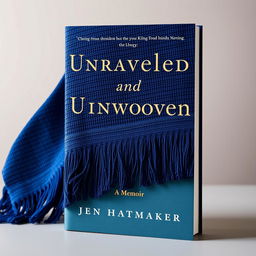 A striking book cover design for "Unraveled and Unwoven: A Memoir" by Jen Hatmaker, featuring a beautifully crafted woven rebozo with intricate fringe details in an indigo color palette