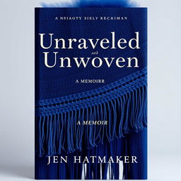 A striking book cover design for "Unraveled and Unwoven: A Memoir" by Jen Hatmaker, featuring a beautifully crafted woven rebozo with intricate fringe details in an indigo color palette