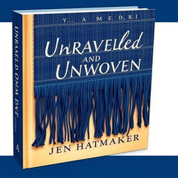 A striking book cover design for "Unraveled and Unwoven: A Memoir" by Jen Hatmaker, featuring a beautifully crafted woven rebozo with intricate fringe details in an indigo color palette