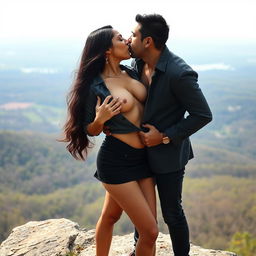 A sensual depiction of Nushrat Bharucha wearing a short skirt, playfully removing her shirt to reveal her cleavage and navel