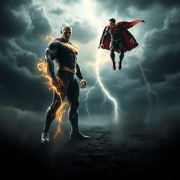 A thrilling and eerie scene from the 'Black Adam V Superman: Dawn of Justice 2' teaser trailer, featuring Dwayne Johnson as Black Adam and Henry Cavill as Superman