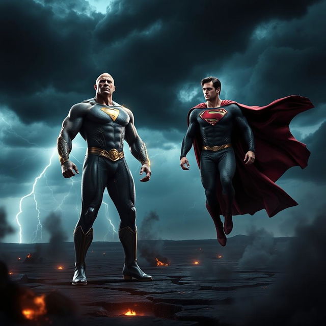 A thrilling and eerie scene from the 'Black Adam V Superman: Dawn of Justice 2' teaser trailer, featuring Dwayne Johnson as Black Adam and Henry Cavill as Superman