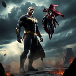 A thrilling and eerie scene from the 'Black Adam V Superman: Dawn of Justice 2' teaser trailer, featuring Dwayne Johnson as Black Adam and Henry Cavill as Superman