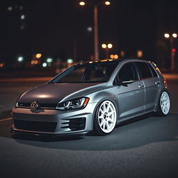 A sleek, modified MK7 Volkswagen Golf featuring a striking carbon fiber hood, stylish white rims, and an aggressive body kit