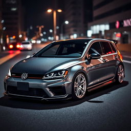 A sleek, modified MK7 Volkswagen Golf featuring a striking carbon fiber hood, stylish white rims, and an aggressive body kit