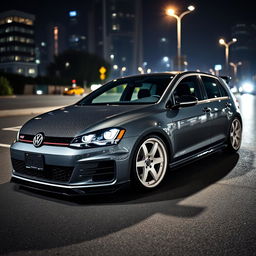 A sleek, modified MK7 Volkswagen Golf featuring a striking carbon fiber hood, stylish white rims, and an aggressive body kit