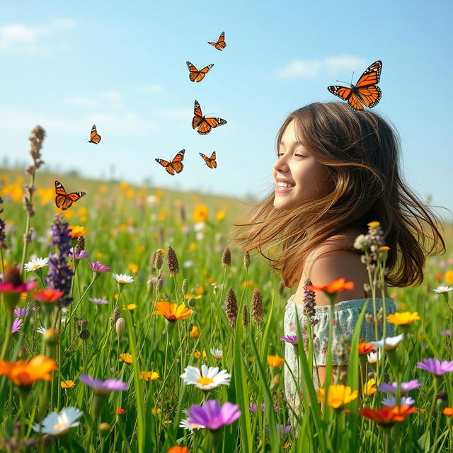 A serene scene featuring a teenage girl in a beautiful prairie surrounded by vibrant plants and colorful flowers