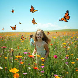 A serene scene featuring a teenage girl in a beautiful prairie surrounded by vibrant plants and colorful flowers