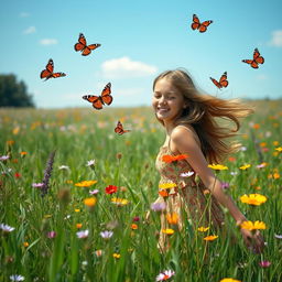 A serene scene featuring a teenage girl in a beautiful prairie surrounded by vibrant plants and colorful flowers