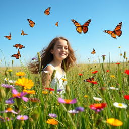 A serene scene featuring a teenage girl in a beautiful prairie surrounded by vibrant plants and colorful flowers
