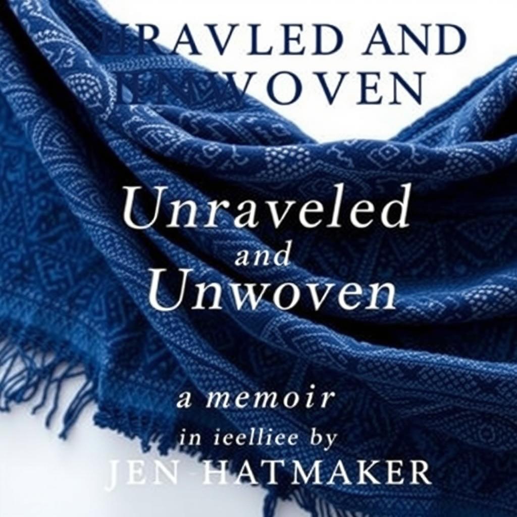 A visually stunning book cover for "Unraveled and Unwoven: A Memoir" by Jen Hatmaker, prominently featuring an indigo rebozo as the central motif