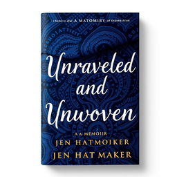 A visually stunning book cover for "Unraveled and Unwoven: A Memoir" by Jen Hatmaker, prominently featuring an indigo rebozo as the central motif