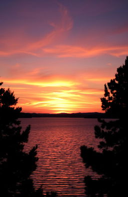 A stunning sunset over a serene lake, reflecting beautiful hues of orange, pink, and purple