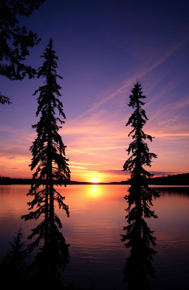 A stunning sunset over a serene lake, reflecting beautiful hues of orange, pink, and purple