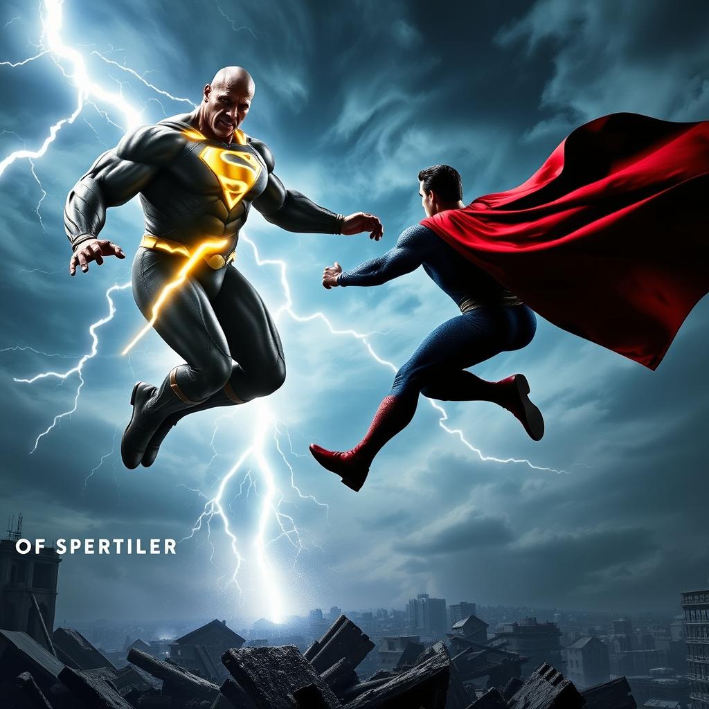 An intense scene from the 'Black Adam V Superman: Dawn of Justice 2' teaser trailer featuring Dwayne Johnson as Black Adam and Henry Cavill as Superman