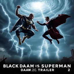 An intense scene from the 'Black Adam V Superman: Dawn of Justice 2' teaser trailer featuring Dwayne Johnson as Black Adam and Henry Cavill as Superman