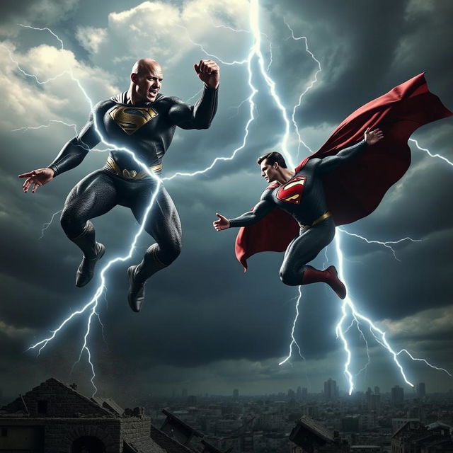 An intense scene from the 'Black Adam V Superman: Dawn of Justice 2' teaser trailer featuring Dwayne Johnson as Black Adam and Henry Cavill as Superman