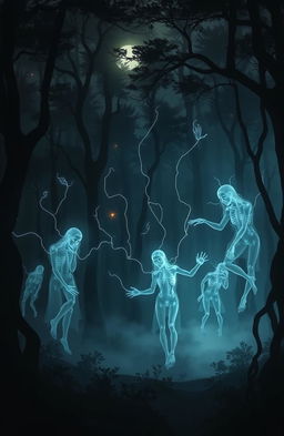 A surreal depiction of fragmented souls manifesting as ethereal wisps of light and shadow, haunting a dark, misty forest at twilight