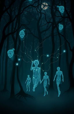 A surreal depiction of fragmented souls manifesting as ethereal wisps of light and shadow, haunting a dark, misty forest at twilight