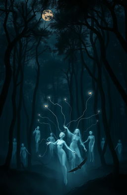 A surreal depiction of fragmented souls manifesting as ethereal wisps of light and shadow, haunting a dark, misty forest at twilight