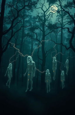A surreal depiction of fragmented souls manifesting as ethereal wisps of light and shadow, haunting a dark, misty forest at twilight
