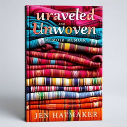 An engaging book cover for "Unraveled and Unwoven: A Memoir" by Jen Hatmaker, featuring a collection of beautifully woven rebozos stacked or arranged artistically