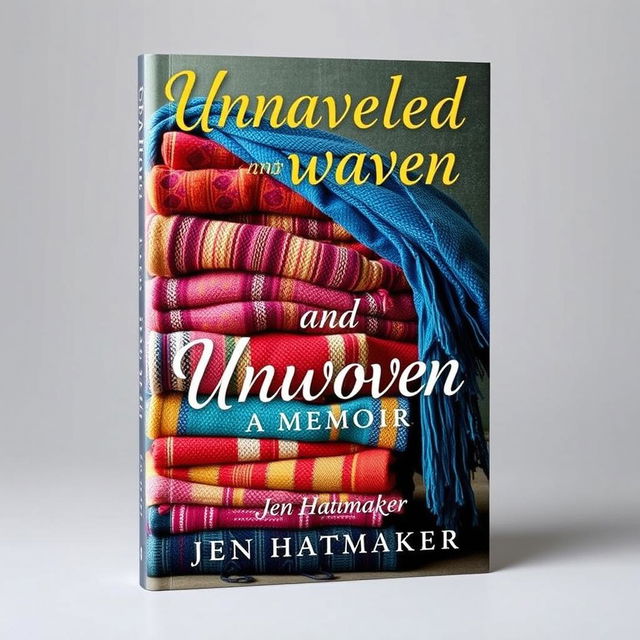 An engaging book cover for "Unraveled and Unwoven: A Memoir" by Jen Hatmaker, featuring a collection of beautifully woven rebozos stacked or arranged artistically