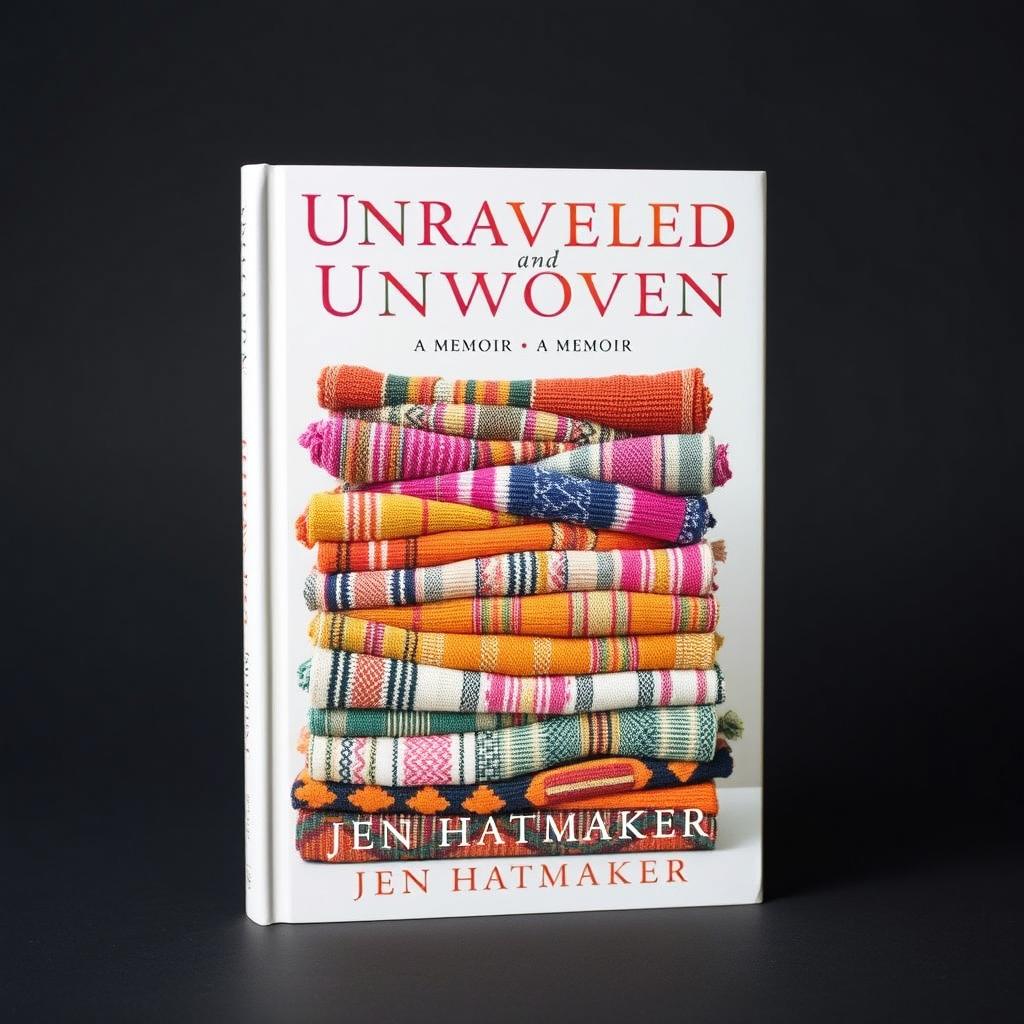 An engaging book cover for "Unraveled and Unwoven: A Memoir" by Jen Hatmaker, featuring a collection of beautifully woven rebozos stacked or arranged artistically