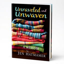 An engaging book cover for "Unraveled and Unwoven: A Memoir" by Jen Hatmaker, featuring a collection of beautifully woven rebozos stacked or arranged artistically