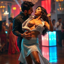 A sensual depiction of Nushrat Bharucha in a short skirt, elegantly removing her shirt to reveal her cleavage and navel
