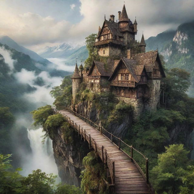 A whimsical world brimming with adventure: foggy mountains hiding treasured secrets, deep forests harboring mythical creatures, rickety wooden bridges spanning swift rivers, grand castles nestled amidst the clouds, and antique maps leading to untold riches