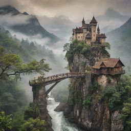 A whimsical world brimming with adventure: foggy mountains hiding treasured secrets, deep forests harboring mythical creatures, rickety wooden bridges spanning swift rivers, grand castles nestled amidst the clouds, and antique maps leading to untold riches