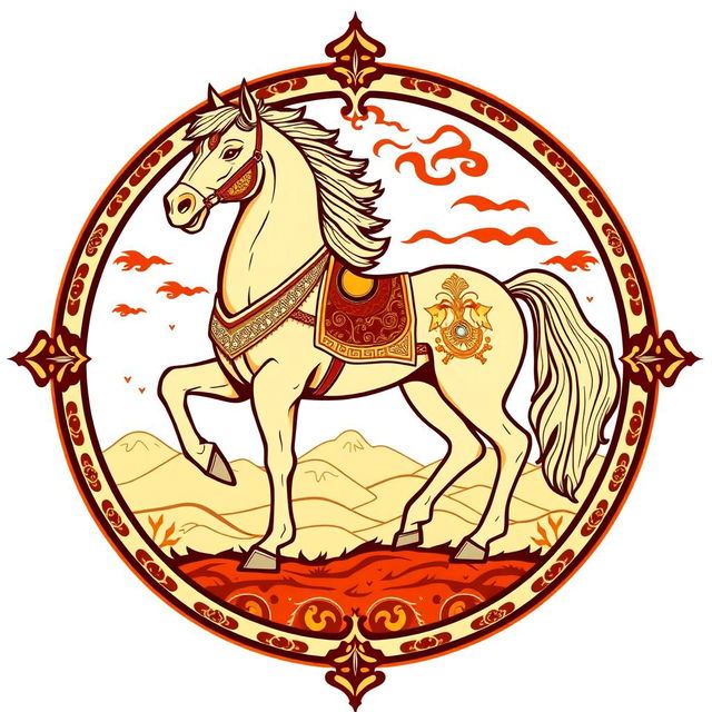 A medieval emblem featuring a majestic Mongolian horse, standing proudly in a dynamic pose that conveys strength and grace