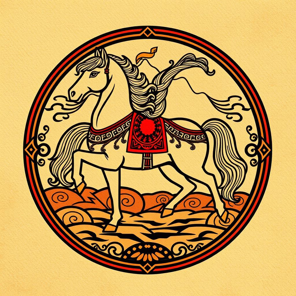 A medieval emblem featuring a majestic Mongolian horse, standing proudly in a dynamic pose that conveys strength and grace