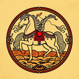 A medieval emblem featuring a majestic Mongolian horse, standing proudly in a dynamic pose that conveys strength and grace