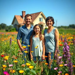 A picturesque scene in a prairie depicting a cheerful teenage girl standing with her young dad and her mother, who has short black hair