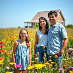 A picturesque scene in a prairie depicting a cheerful teenage girl standing with her young dad and her mother, who has short black hair