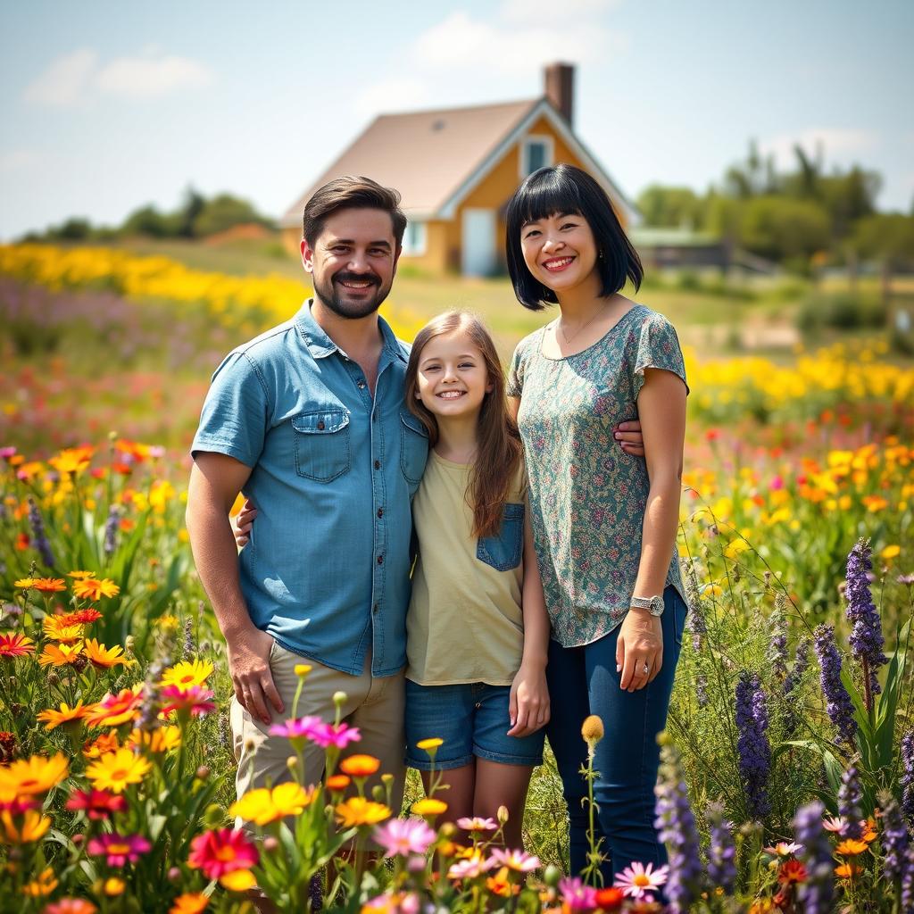 A picturesque scene in a prairie depicting a cheerful teenage girl standing with her young dad and her mother, who has short black hair