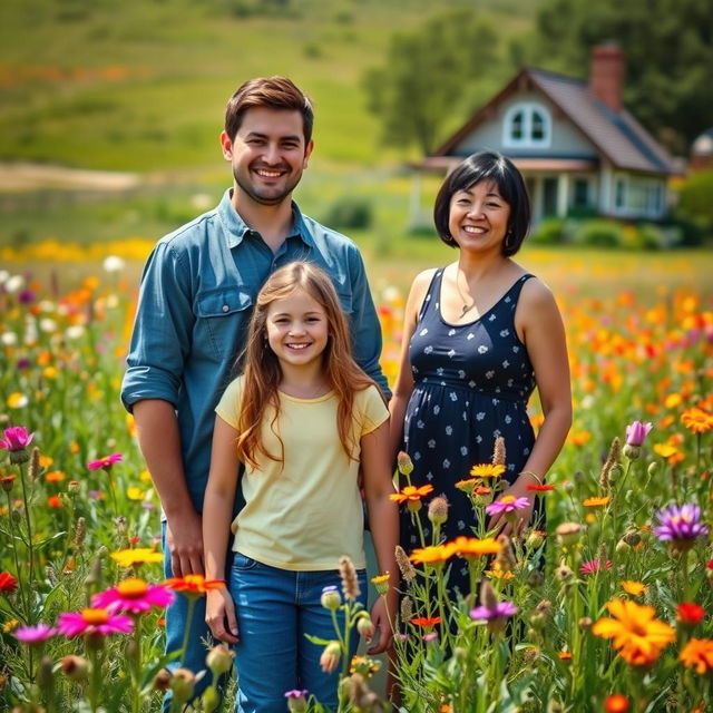 A picturesque scene in a prairie depicting a cheerful teenage girl standing with her young dad and her mother, who has short black hair