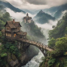 A whimsical world brimming with adventure: foggy mountains hiding treasured secrets, deep forests harboring mythical creatures, rickety wooden bridges spanning swift rivers, grand castles nestled amidst the clouds, and antique maps leading to untold riches