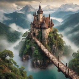 A whimsical world brimming with adventure: foggy mountains hiding treasured secrets, deep forests harboring mythical creatures, rickety wooden bridges spanning swift rivers, grand castles nestled amidst the clouds, and antique maps leading to untold riches