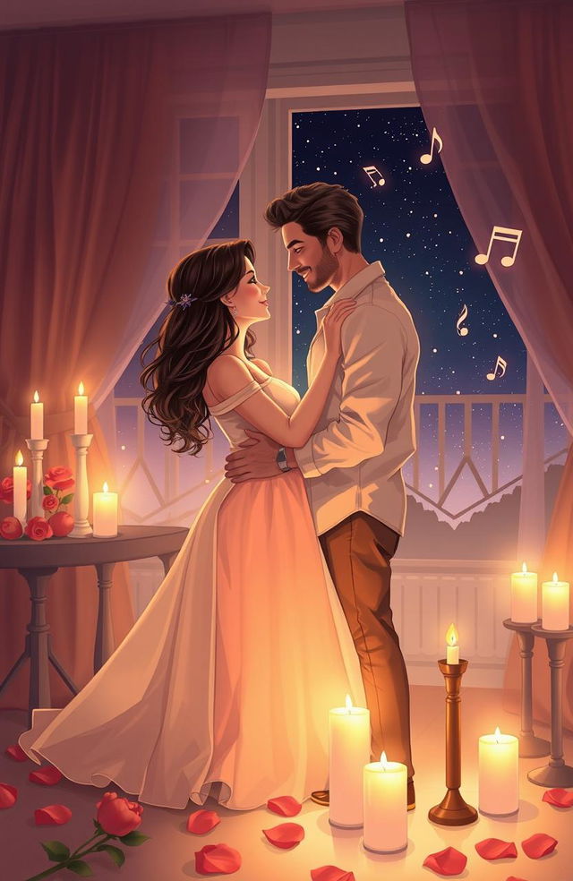 A romantic scene featuring a couple in a candlelit room, embracing gently