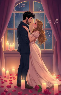 A romantic scene featuring a couple in a candlelit room, embracing gently