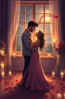 A romantic scene featuring a couple in a candlelit room, embracing gently