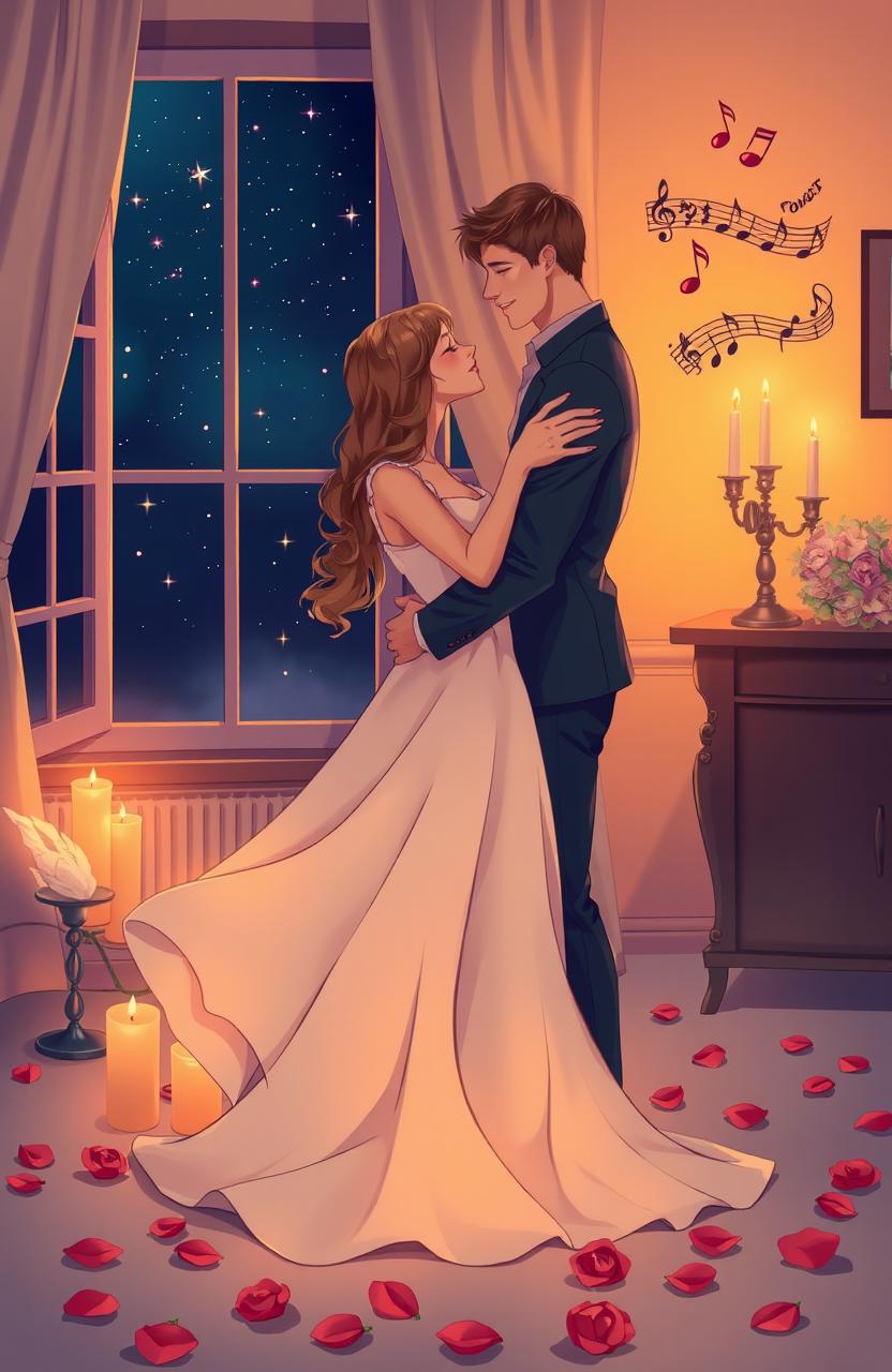 A romantic scene featuring a couple in a candlelit room, embracing gently