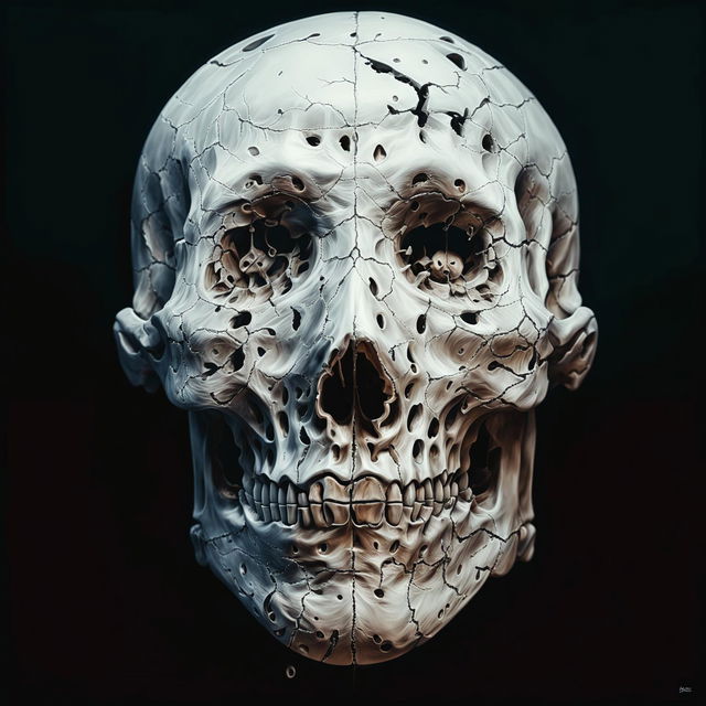 A hyper-realistic digital art of a detailed human skull against a black background, showcasing intricate details like individual teeth, deep eye sockets, nasal cavity and fine cracks indicating age and decay