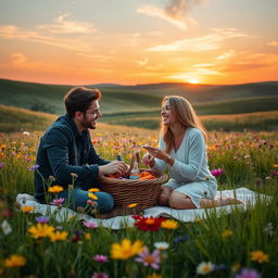 A romantic scene depicting a couple having a picnic in a beautiful meadow filled with colorful wildflowers