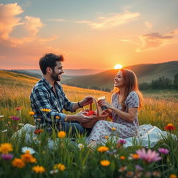 A romantic scene depicting a couple having a picnic in a beautiful meadow filled with colorful wildflowers